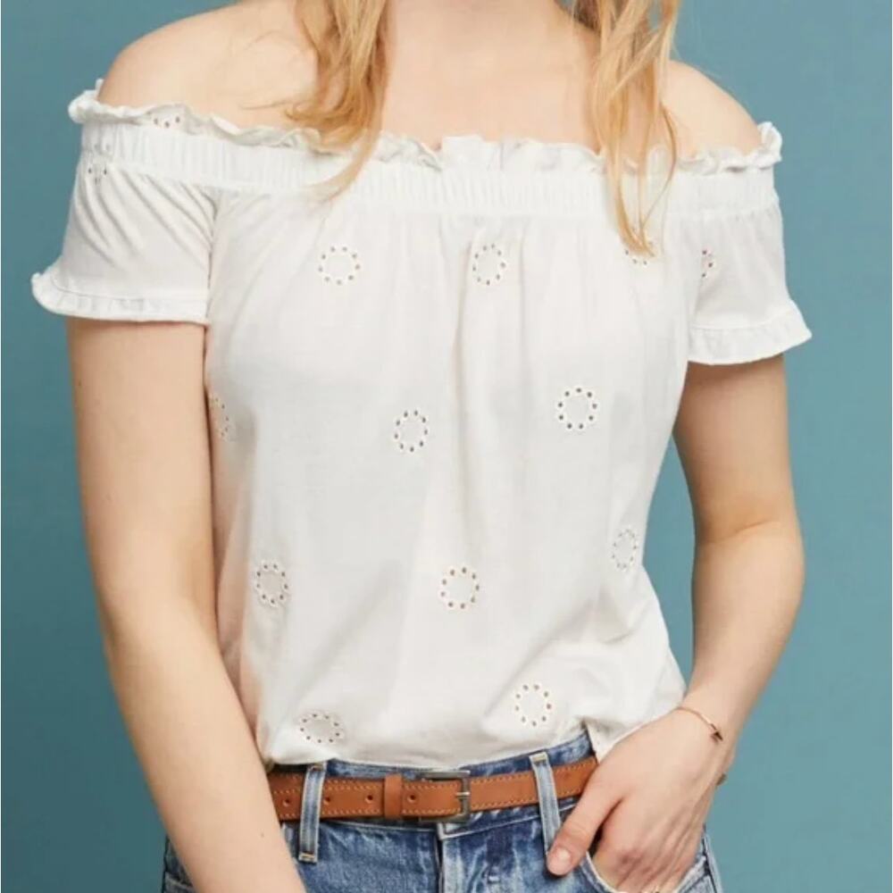THREE DOTS Anthropologie Off Shoulder White Embroidered Blouse Women's Size Med